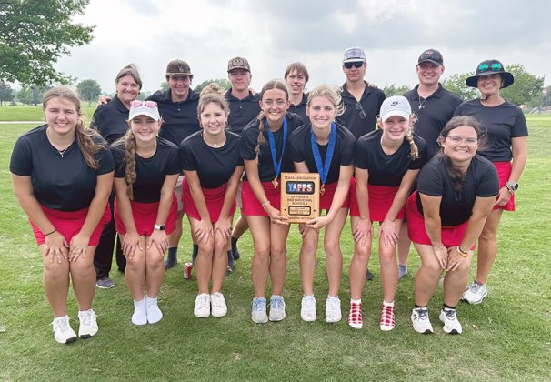 St. Paul state golf teams. Bottom row from left are Mary Sue Filip, Faith Brown, Reese Seibert, Audrey Thibodeaux, Riley Mozisek, Skylar Mozisek and Camie Robles. Top row from left are coach Pat Chilek, Jackson Seibert, Nathan Timmons, Joseph Davis, Vance Lucas, Tate Anders and coach Nicco Brown. Photo courtesy of Nicco Brown.