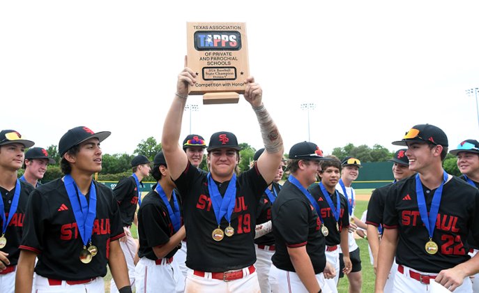 Senior Nate Boedeker (center) hoists the 2024 TAPPS V Baseball State Championship plaque after the Cardinals’ win over Fort Worth Christian Life Preparatory Saturday in the final. Boedeker scored the game-winning run in the seventh. Photo by Mark Lube,