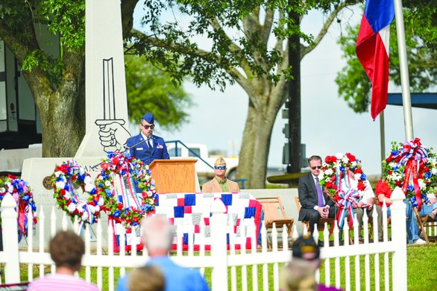 MSgt. Manny Cordova speaks at the Memorial Day commemoration. Photo by Sarah Collins.