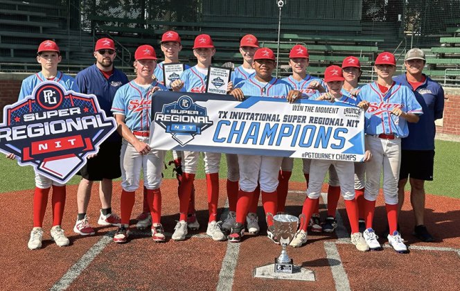 The Shiner Stars 14U baseball team poses with the PG Super Regional NIT Champions banner. Photo courtesy of Shiner Stars Baseball.