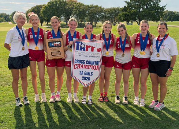 The 2026 TAPPS 2A state champions Lady Cardinals. From left are assistant coach Lindsey Morkovsky, Emma Marshall, Faith Brown, McKinley Jacobs, Clara Kinney, Frances Filip, Keaton Helweg, Skylar Mozisek and head coach Nicco Brown. Photo courtesy of Nicco Brown.