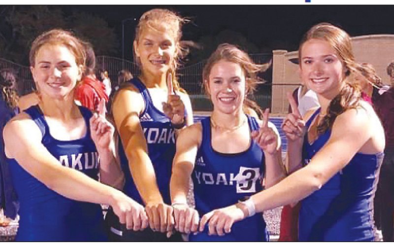 YHS Track Team of the 4x400 relay placed first at District Meet held at Rice with a time of 4:14.25. Pictured from left to right are Olivia Fojt, Samantha Adamek, Brooklin Berger, and Aubrie Jendrzey. Contributed photo.