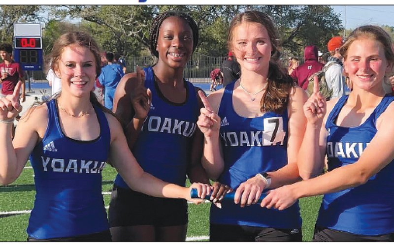 YHS Track Team of the 4x100 relay placed first at the District Meet held at Rice with a time of 50.50. Pictured from left to right are Brooklin Berger, Jayana Phillips, Aubrie Jendrzey, and Olivia Fojt. Contributed photo.