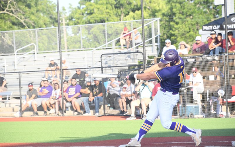 AJ Patek with the big swing in the opener. He had two hits, two runs and two RBI in the regional semifinals series against Kenedy. Photo by Mark Lube.