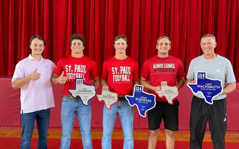 Several St. Paul football players won Texas Private School Podcast awards. Host of the podcast, Wes Tolleson (far left), presented the awards. Zak Johnson (second from left) was chosen as Division 4 Offensive MVP; Noah Boedeker (middle) received Division 4 Defensive Back of the Year and won the Heart Award; Elliot Peters (second from right) was named Division 4 Defensive Lineman of the Year; head coach Jake Wachsmuth (far right) was selected as Division 4 Coach of the Year. Photo courtesy of Jake Wachsmuth.