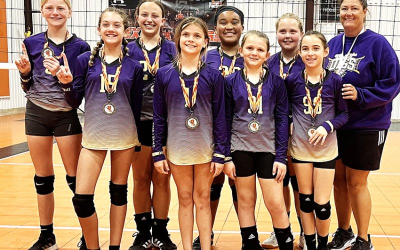 Pictured are L-R Back Row: Kendyl Boehm, Eastyn Pohler, Patricia Price, Charlotte Hairell, Coach Desiree Nitsch Front Row L-R: Addison Ulcer, Bree Nitsch, Reese Lyons and Haley Molina. Photo courtesy of Michelle Price.
