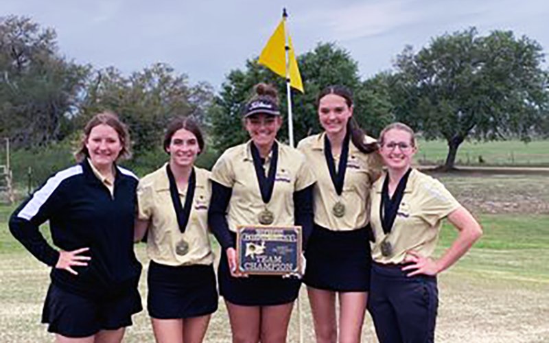 Shiner Lady Comanches earned first in the Yorktown meet. From left is Bri Sofka, Lauren Faldyn, Chelsea Whiddon, Morgan Lenehan and Megan Winkenwerder. Photo courtesy of Michelle Winkenwerder.