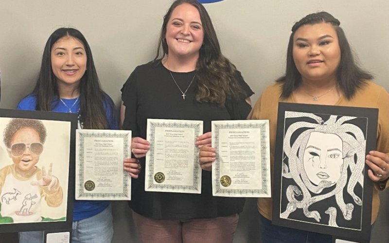 Students made Academic All-State for Art and were recognized at the YISDBoard Meeting May 8. Pictured from left to right are Art students Gabriella Grifaldo (senior), YISD Art Teacher Kalynn Bressler, and Isabella Orosco (junior).