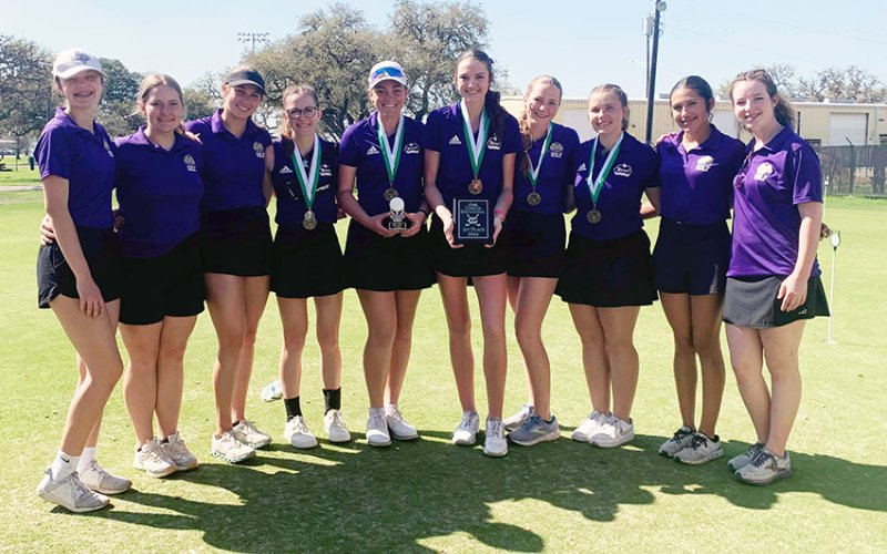 Shiner Lady Comanches golf team at Cuero Tournament. From left are Evy Johnson (#2 team), Olivia Akin (#2 team), Grace Migl (#1 team), Chelsea Whiddon (#1 team), Morgan Lenehan (#1 team), Callie Chrismon (#1 team), Bri Sofka (#1 team), Jaleigh Ramirez (#2 team) and Madeline Collins (#2 team). Photo courtesy of Michelle Winkenwerder.