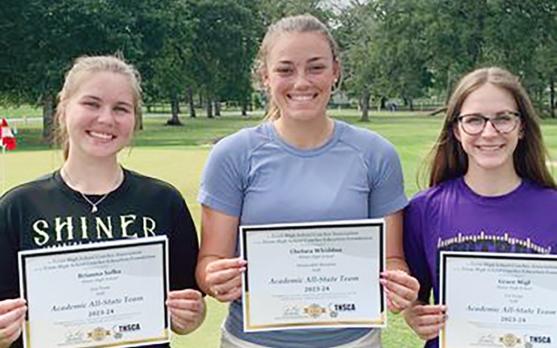 From left are Brianna Sofka (Second Team), Chelsea Whiddon (Honorable Mention) and Grace Migl (First Team). Photo courtesy of Michelle Winkenwerder.