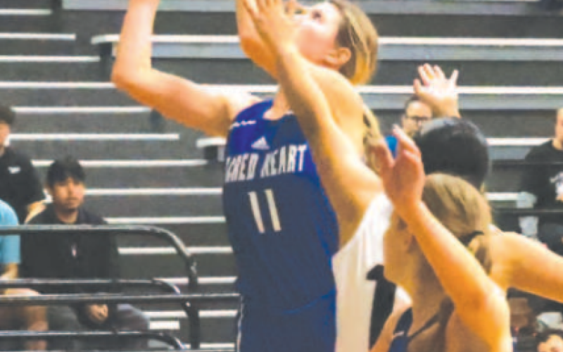 Mallory Mueller scores from underneath in the Moulton game. Chuck Grafe/Tribune-Herald