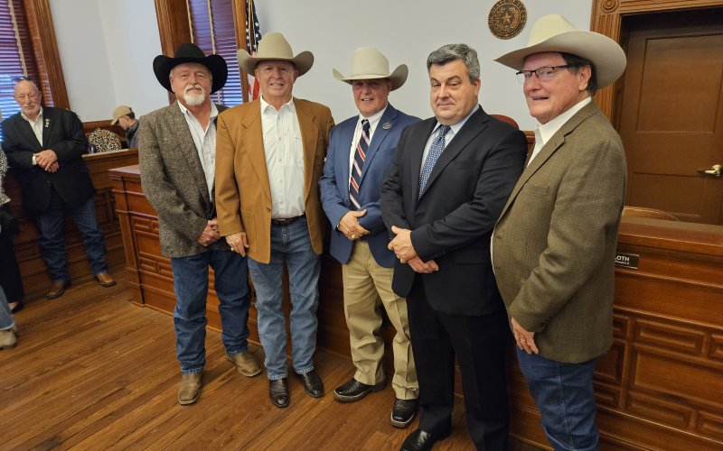 Lavaca County Commissioners Kenny Siegel, Wayne Faircloth and Edward Pustka gather for a photo with Sheriff Greenwell and Judge Mudd. Photo by Bobby Horecka