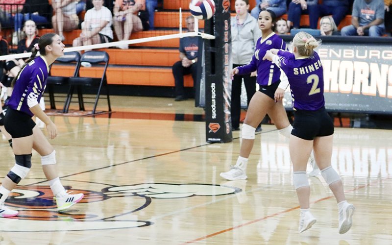 Addie Prove with one of her two digs against Schulenburg Oct. 14. Photo by Louann Heinsohn.
