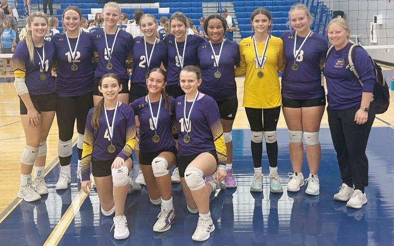 Front row from left are Hailey Malina, Addison Ulcak and Reese Lyons. Back row from left are Lola Hornacky, Eastyn Pohler, Kendyl Boehm, Pyper Neskora, Ally Trojcak, Patricia Price, Bree Nitsch, Charlotte Hairell and coach Kailey Moeller. Photo courtesy of Michelle Price.