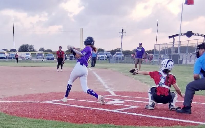 Ally Trojcak at the plate against Palacios on Sunday. She was a combined  6-for-11 with four runs and two stolen bases against Needville and Palacios. Photo courtesy of Keri Mikulencak.