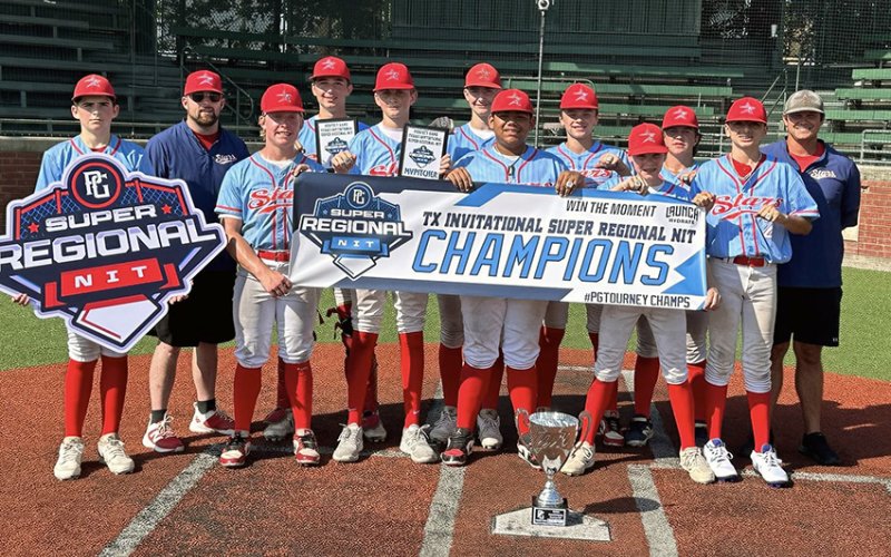 The Shiner Stars 14U baseball team poses with the PG Super Regional NIT Champions banner. Photo courtesy of Shiner Stars Baseball.