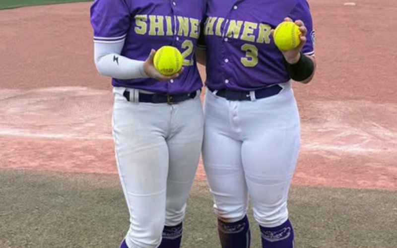 Eastyn Pohler (left) and Charlotte Hairell hit some homers during the single-elimination round last week in New Mexico at the Southwest Regionals. Both players hit a home run in the 19-0 win over Lake Charles, La. in the first elimination game while Hairell smoked a grand slam in the 14-8 win over West Mesa, N.M. in the championship game. Photo courtesy of Amanda Ulcak.