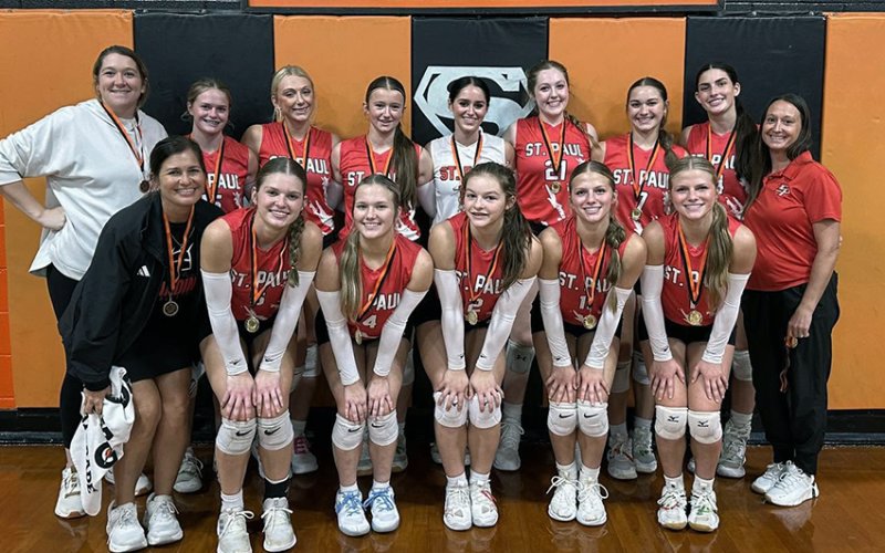 The St. Paul volleyball team won six matches and claimed the Bronze championship last weekend in the Schulenburg Tournament. Front row from left are assistant coach Nicco Brown, Skylar Mozisek, Lexie Ulcak, Annabelle Collins, Presley Rother and Hayden Rother. Back row from left are head coach Taylor Hudson, McKinley Jacobs, Emery Kennedy, Reese Chilek, Tatum Walker, Addy Matias, Faith Brown, Ashlin DeSarro and assistant coach Jessica Shimek. Photo courtesy of Shiner Catholic School.