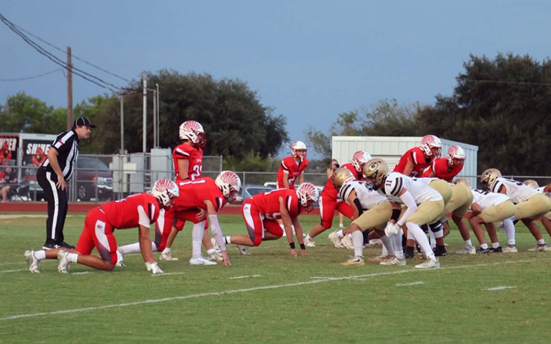 The St. Paul defense lines up for another play against the Eagles. Photo courtesy of Louann Heinsohn.