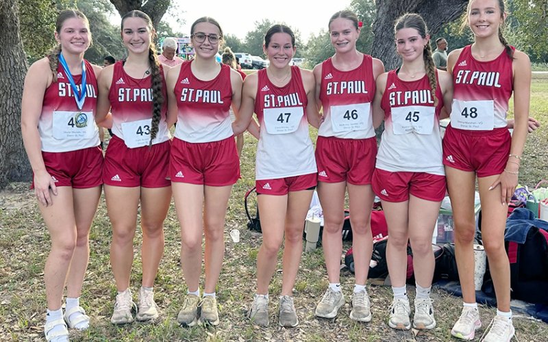The Lady Cardinals finished fourth as a team Saturday in Victoria at the St. Joseph Invitational. From left are Skylar Mozisek, Faith Brown, Frances Filip, Clara Kinney, McKinley Jacobs, Keaton Helweg and Emma Marshall. Photo courtesy of Nicco Brown.