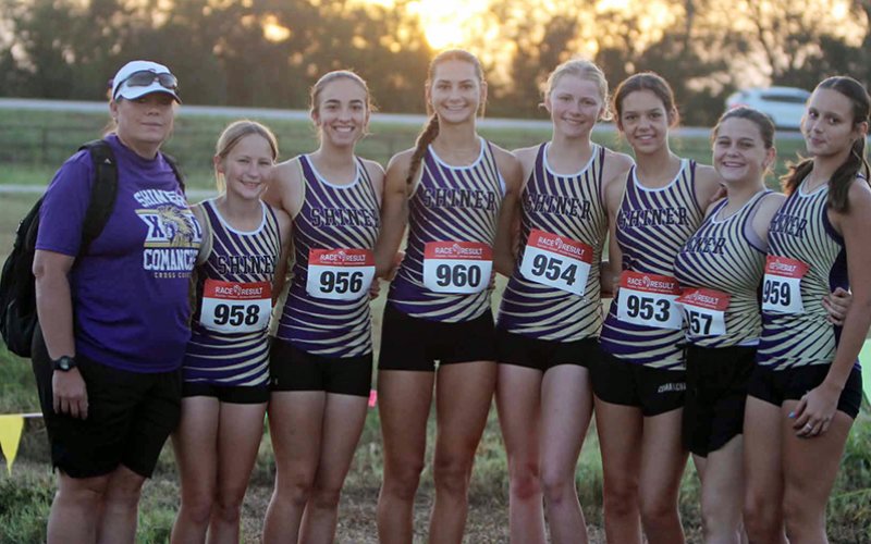 Shiner varsity girls from left are Michelle Winkenwerder (head coach), Alaina Sofka, Megan Burns, Addison Tudyk, Kendyl Boehm, Dawn Bishop, Jewel Caka and Paisley Todd. Photo courtesy of Michelle  Winkenwerder.