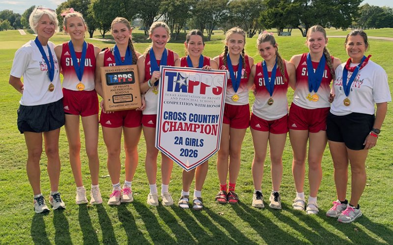 The 2026 TAPPS 2A state champions Lady Cardinals. From left are assistant coach Lindsey Morkovsky, Emma Marshall, Faith Brown, McKinley Jacobs, Clara Kinney, Frances Filip, Keaton Helweg, Skylar Mozisek and head coach Nicco Brown. Photo courtesy of Nicco Brown.