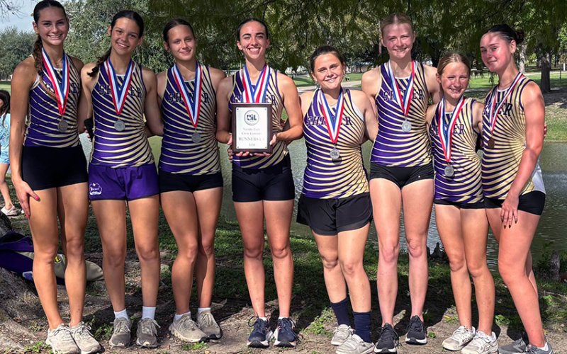 The Shiner girls placed second in the district cross-country meet at home Monday morning. They will run at regionals Oct. 26. From left are Addison Tudyk, Dawn Bishop, Paisley Todd, Megan Burns, Jewel Caka, Kendyl Boehm, Alaina Sofka and Lucia Bolumar (JV runner). Photo courtesy of Michelle Winkenwerder.