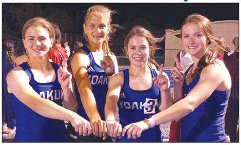 YHS Track Team of the 4x400 relay placed first at District Meet held at Rice with a time of 4:14.25. Pictured from left to right are Olivia Fojt, Samantha Adamek, Brooklin Berger, and Aubrie Jendrzey. Contributed photo.