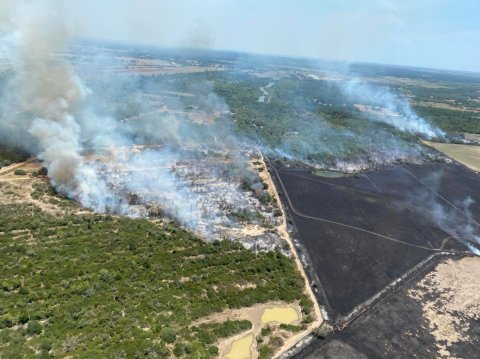 The Dry Rice Fire consumes dry land in Colorado County this week, contributing to 326 total acres impacted. Photo Courtest Shiner Fire Department Facebook.