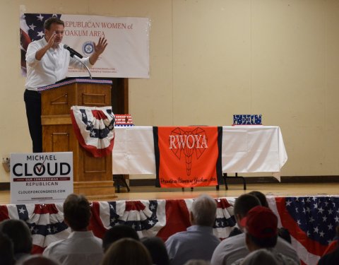 Congressman Michael Cloud speaks in Yoakum last Saturday. Photo by Hans Lammeman.