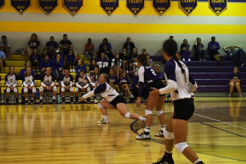 Charlotte Grosenbacher gets a dig against Yoakum in pool play. Photo by Mark Lube.