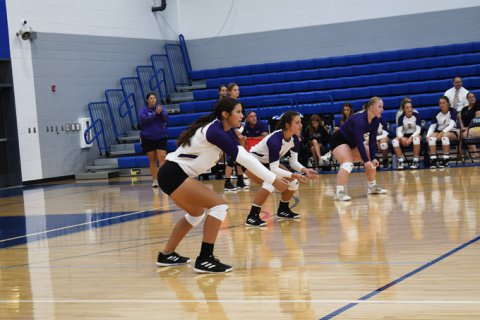 The Shiner backline of Brooke Palmer, Riley Rainosek and Charlotte Grosenbacher get ready for a Gonzales serve.