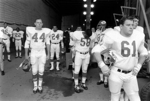 This photo, which appeared in a Life magazine issue in 1967, shows Andy Rice Sr. (58) standing with his Kansas City Chief teammates prior to the kickoff of the first American Football League-National Football League World Championship Game, now known as Super Bowl I. Rice, who played eight years in the NFL was honored Tuesday, Sept. 6 with Andy Rice Sr. Day.  Photo by Bill Ray/Life Pictures/Shutterstock