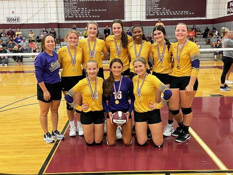 The Shiner Lady Comanches JV Gold volleyball team won four matches in the Flatonia Tournament last week to take first place. Photo courtesy of Anastacia Rehak.