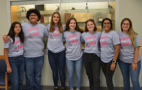 Abbie Galvan, Rafael Quilpas, Samantha Adamek, Leah Muenich, Cameron Williams, Anna Ramirez and Illana Garcia introduce themselves and the YHS Student Council projects to the YISD School Board Monday, Oct. 3. Photo by Hans Lammeman