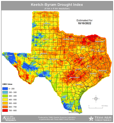 Keetch-Byram drought index as of Oct. 10. Produced by TAMU Spatial Sciences Laboratory in partnership with Texas A&M Forest Service. 