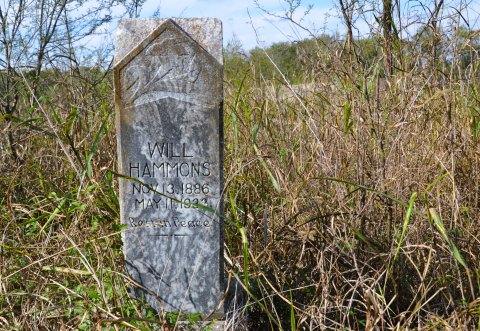 Grave stones peak above the vegetation at the Yoakum Colored Cemetery at the Intersection of Dunn and Jackson Streets in Yoakum. Photos by Hans Lammeman