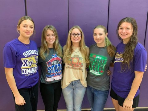 Lady Comanches cross country All-State and Academic All-State winners. From left is Brinley Ramirez, Hayleigh Burns, Molly Kollaus, Megan Winkenwerder and Riley Rainosek.
