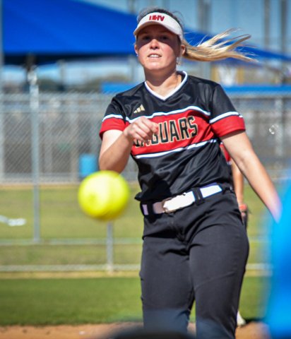 UHV pitcher and Shiner grad Cameron Cowan throws a pitch in Game 1 of a doubleheader against Schreiner University, a 9-0 win for the Jaguars softball team. Cowan pitched her first UHV no hitter. Photo courtesy of UHV Athletics.