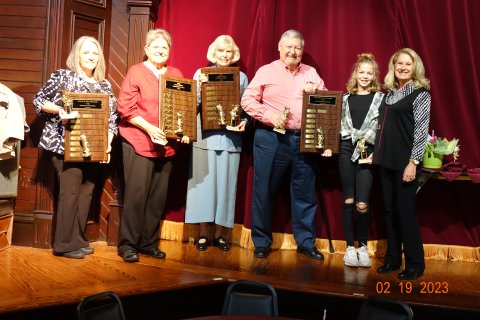 Pictured are, left to right, Rhonda Powell--Joe Patek Sr. Patron Award; Elaine Berkovsky--Lamplighter Backstage Award, Toni Rogers--Lamplighter Outfront Award, Bill Matthys—Sister Michele Award, Tatum Carson—Best Youth Debut Award; Josh Kaspar--award presenter.  Photo by Gene Cerny.  