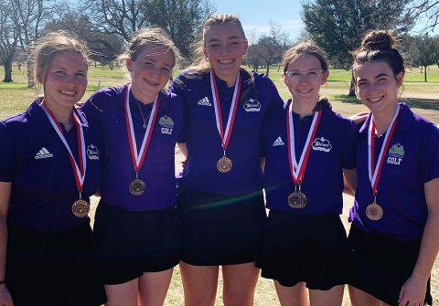 The Lady Comanches golf team placed third at the Columbus Tournament. From left is Bri Sofka, Callie Chrismon, Chelsea Whiddon, Grace Migl (third place) and Lauren Faldyn. Photo courtesy of Michelle Winkenwerder.