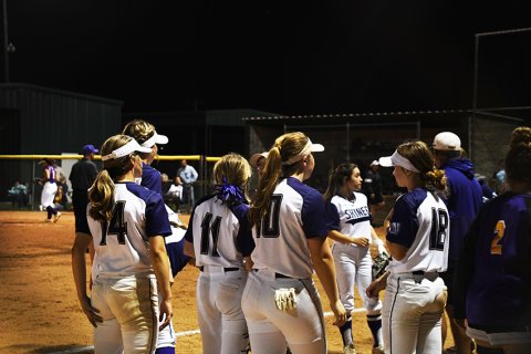 The Lady Comanches huddle during the Weimar game on Feb. 28. Shiner won both of their Brenham Tournament games, hosted Louise this week (Tuesday) and travel to Flatonia tomorrow. Photo by Mark Lube.