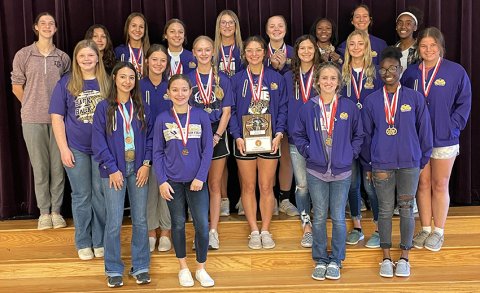 The Shiner Lady Comanches track team won eight events at the Columbus meet last week including a school record in the shot put. Photo courtesy of Kristi Peterson.