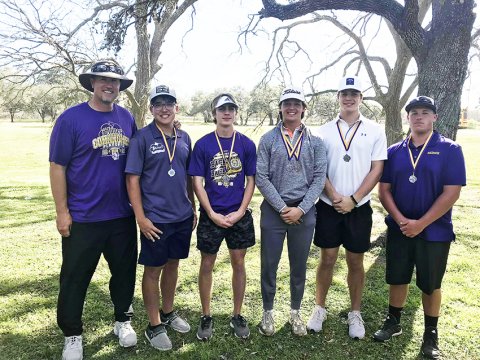 The Shiner boys golf team finished runner up at the Weimar Tournament with a team score of 368.Beck Bishop led the Comanches with an 84; Micah Carson carded a 91; Ryan Peterson scored a 92;  Kade Murrile marked a 101 and Jackson Welch had a 107. From left is head coach Randy Palmer, Jackson Welch, Micah Carson, Beck Bishop, Ryan Peterson and Kade Murrile. Photo courtesy of Randy Palmer.