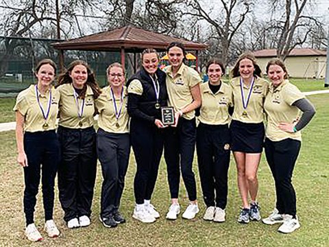 Shiner came in close second at the Navarro Tournament on March 20. From left is Grace Migl, Bri Sofka, Megan Winkenwerder, Chelsea Whiddon, Morgan Lenehan, Lauren Faldyn, Callie Chrismon and Olivia Akin. Photo courtesy of Michelle Winkenwerder.