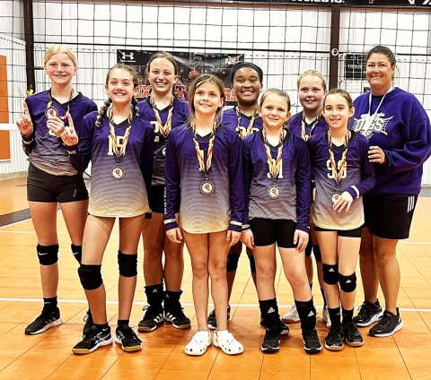  Pictured are L-R Back Row: Kendyl Boehm, Eastyn Pohler, Patricia Price, Charlotte Hairell, Coach Desiree Nitsch Front Row L-R: Addison Ulcer, Bree Nitsch, Reese Lyons and Haley Molina. Photo courtesy of Michelle Price.
