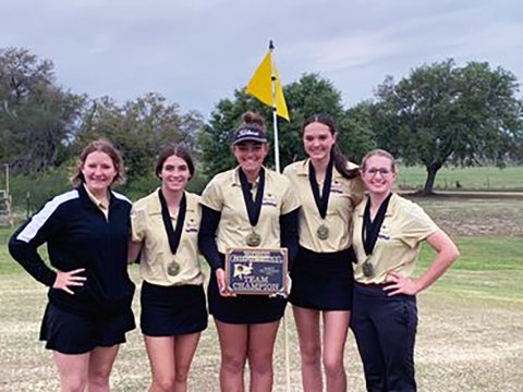 Shiner Lady Comanches earned first in the Yorktown meet. From left is Bri Sofka, Lauren Faldyn, Chelsea Whiddon, Morgan Lenehan and Megan Winkenwerder. Photo courtesy of Michelle Winkenwerder.