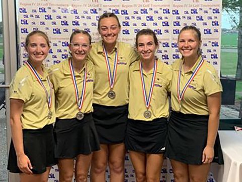 The Shiner girls won runner up at the regional golf tournament last week and will compete at state as a team for the first time in school history. Shiner had Monington Clark qualify for state on two occassions, 2017 and 2019. From left is Megan Winkenwerder, Grace Migl, Chelsea Whiddon, Lauren Faldyn and Bri Sofka. Photo courtesy of Michelle Winkenwerder