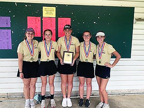 The Lady Comanches golf district champions team. From left is Bri Sofka, Grace Migl, Chelsea Whiddon, Megan Winkenwerder and Lauren Faldyn. Photo courtesy of Michelle Winkenwerder.