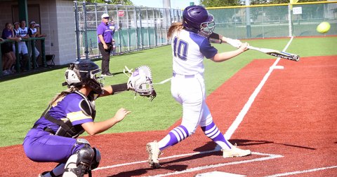  Kailey Boedeker with her game one, second-inning, two-run homer. Shiner won in a sweep 31-1 and 18-0. Photo by Mark Lube.